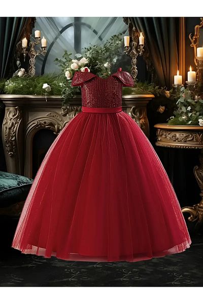miço kids Elegant Sequined Off-Shoulder Tulle Dress Princess Evening Dress