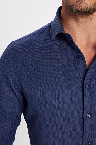 Tudors Erkek Slim Fit Dar Kesim Uzun Kollu Pamuklu Kolay Ütü Armürlü Lacivert Gömlek