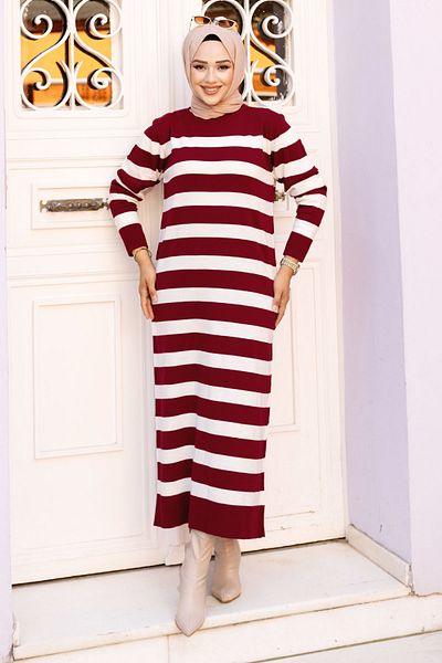 Tesettür Dünyası Rochie tricotată cu dungi bordeaux - TSD 240719