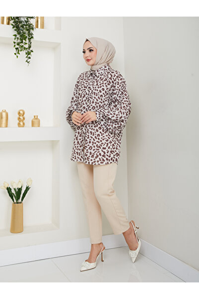 EFSUN MODA ΠΟΥΚΑΜΙΣΟ JESICA ΜΕ ΣΧΕΔΙΟ ΛΕΟΠΑΡ STANDERT ΜΕΓΕΘΟΣ ΜΑΚΡΙΑ ΜΑΝΙΚΙΑ 2508 ΚΑΦΕ