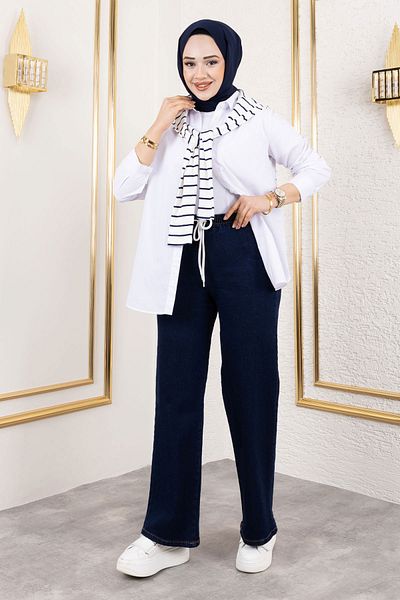 Tesettür Dünyası Pantaloni din denim cu talie elastică cu picioare largi TSD 250106   Albastru închis