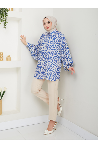 EFSUN MODA Cămașă JESICA CU IMPRIMARE LEOPARD MĂRIME STANDARD MÂNECĂ LUNGĂ 2508 SKAS BLUE