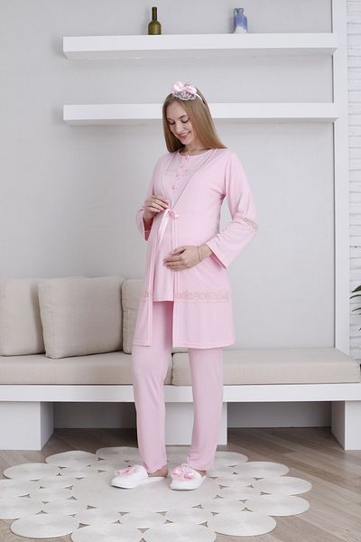 ERDENİZ TEKSTİL Maternity-Maternity Short Sleeve Pajamas Set with Dressing Gown and Button Collar Set of 3