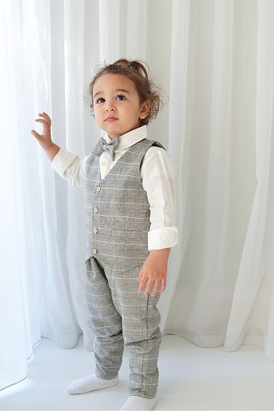 Catz Kids Set de 4 băieți - vestă gri din carouri din gabardină, bretele (100% bumbac)