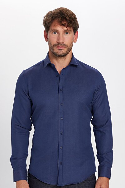 Tudors Erkek Slim Fit Dar Kesim Uzun Kollu Pamuklu Kolay Ütü Armürlü Lacivert Gömlek