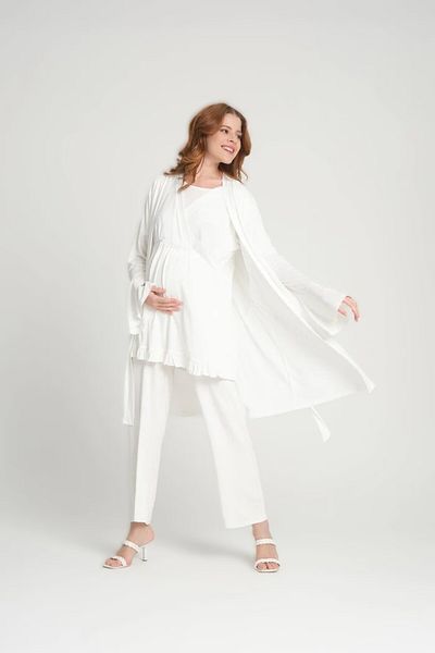 Pelin Women's Ecru Double Breasted Pajamas - Maternity Dressing Gown 3Pcs & Hidden Nursing Collar