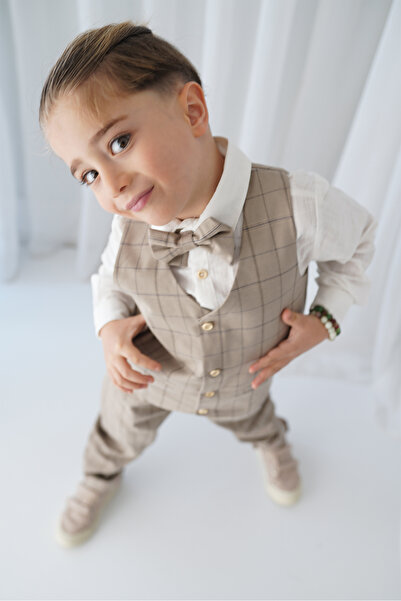 Catz Kids Boy's Set - Coffee Plaid, Gabardine Vest, Sling Set of 4 (100% Cotton)