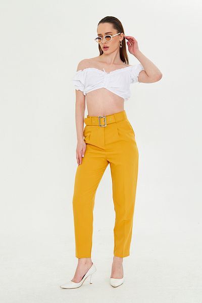 Kutaf Mustard High Waist Belted Carrot Trousers