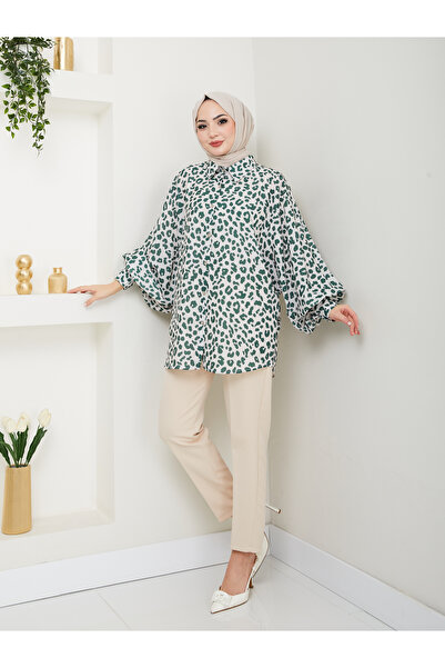 EFSUN MODA Сорочка з леопардовим принтом, довгі рукави 2508 ZÜMRÜT 38 розмір