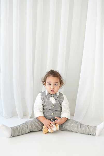 Catz Kids Boy's Set of 4 - Gray Plaid Gabardine Vest, Sling (100% Cotton)