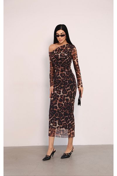 giyimmasalı Φόρεμα με μοτίβο LEOPARD από ύφασμα τούλι με λεπτομέρεια ώμου