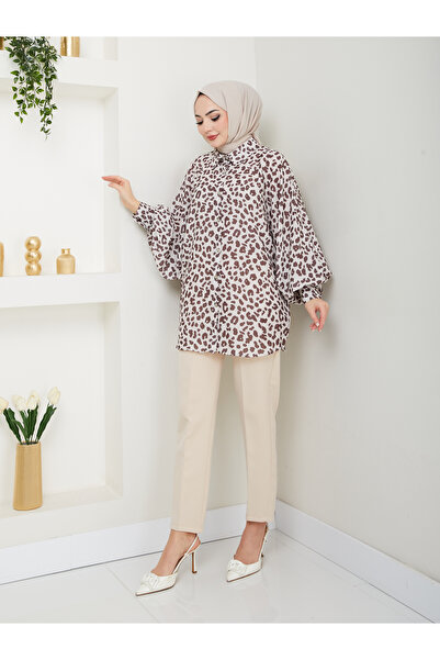 EFSUN MODA ΠΟΥΚΑΜΙΣΟ JESICA ΜΕ ΣΧΕΔΙΟ ΛΕΟΠΑΡ STANDERT ΜΕΓΕΘΟΣ ΜΑΚΡΙΑ ΜΑΝΙΚΙΑ 2508 ΚΑΦΕ