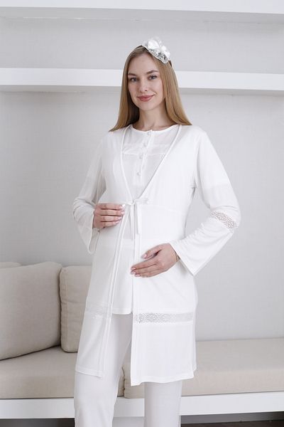 ERDENİZ TEKSTİL Maternity-Maternity Short Sleeve Pajamas Set with Dressing Gown and Button Collar Set of 3