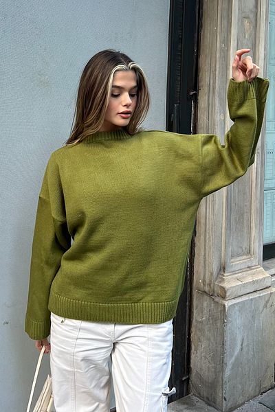 la & vetta Olive Green Crew Neck Oversize Knitwear Sweater
