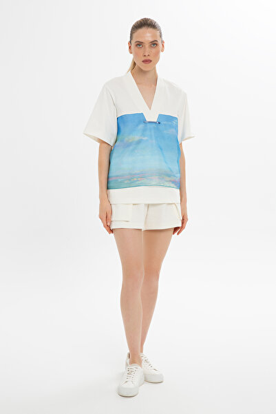 GIZIA SPORT Taş İşlemeli Baskılı Ekru T-Shırt