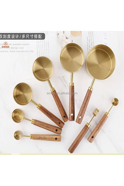 Qerhome Gold Luxury Measuring Spoon Set with Wooden Handle (4-4)