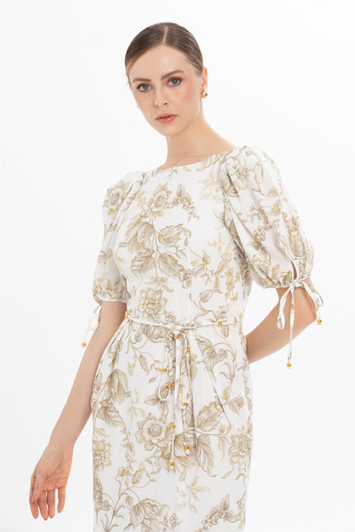 kı.we Karpuz Kollu Midi Bej Elbise