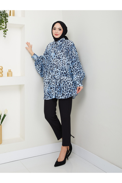 EFSUN MODA Сорочка з леопардовим принтом Jessica, стандартний розмір, довгі рукави, 2508, темно-синя