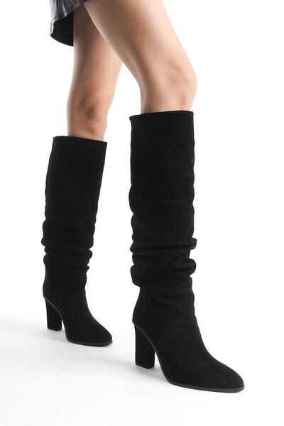 Limerence Deri Süet Dökümlü Topuklu Çizme SİYAH