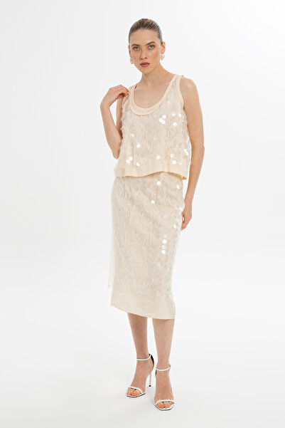 GİZİA Payetli Kolsuz Ekru Bluz