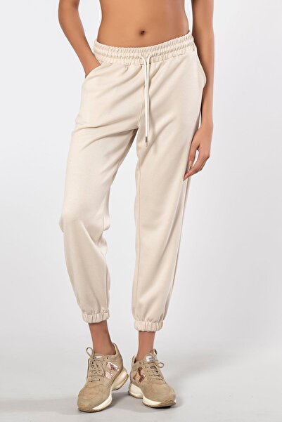 Weweus Μπεζ γυναικείο φούτερ με μαλακή υφή με ελαστικά πόδια 199