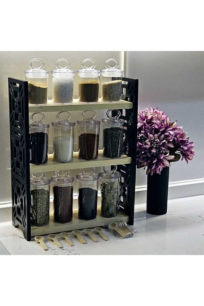 Tekir Store evinizi güzelleştirin 12-Piece Mica Spice Rack Set - Wooden Stand, Vacuum Lid, Spoon Decorative Set