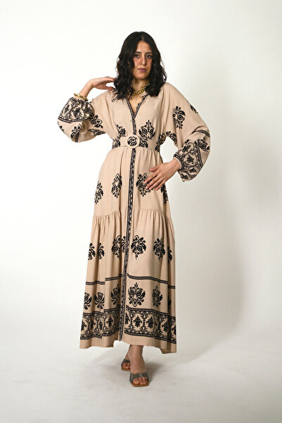 ABBRA Women's Prevailing Collar Buttoned Front Belted 100% Viscose Summer Dress