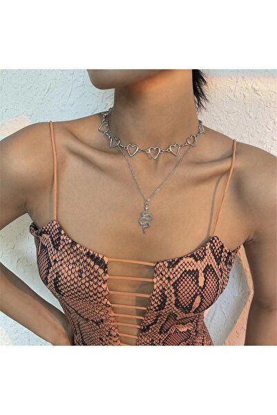 Pelin Aksesuar Double Snake and Heart Necklace