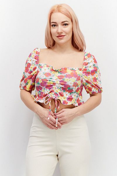 Asos Design Women Petite Square Neck Puffed Sleeve Allover Print Crop Top, Red Combo