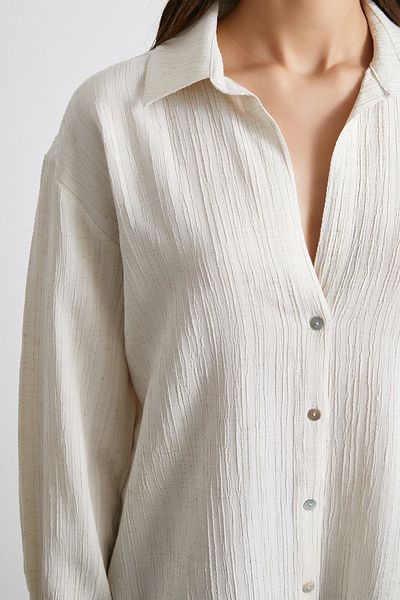Never more Cream Colored Cotton Textured Striped Shirt