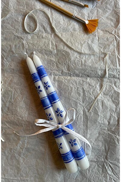 Hatice sakallı design Mavi Çizgili Çicek Desenli 2'li Şamdan Mum