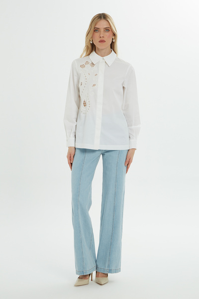 GİZİA Delikli Uzun Kollu Beyaz Gömlek