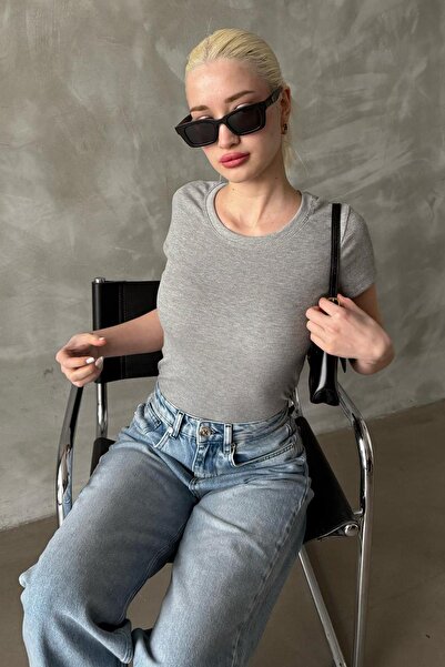 Madmext Γκρι Φαρδύ γιακά Fitted Basic Γυναικείο T-shirt Mg2293