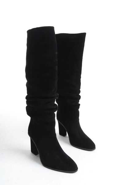 Limerence Deri Süet Dökümlü Topuklu Çizme SİYAH