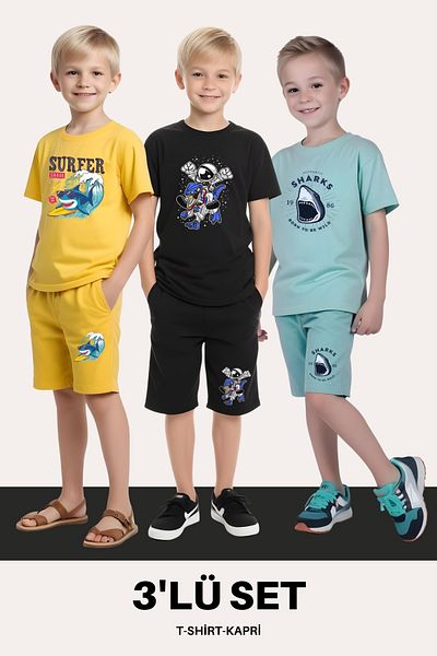 FYK KİDS ΣΕΤ ΑΓΟΡΙΚΟ 3 ΣΕΤ T-SHIRT-KAPRI ΣΕΤ