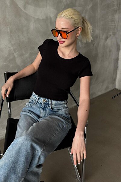 Madmext Black Wide Collar Fitted Basic Women's T-Shirt Mg2293