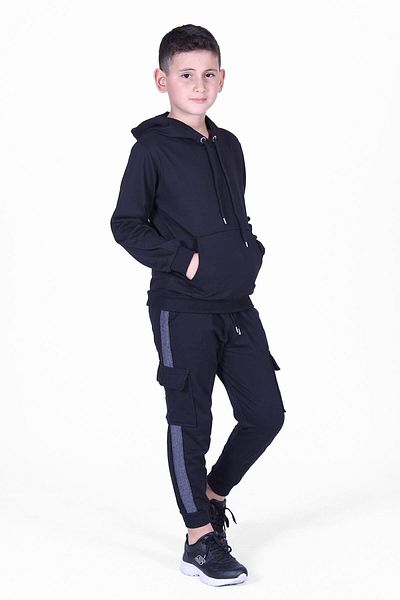 FYK KİDS Einfarbiges Top-Top-Trainingsanzug-Set für Jungen mit Kängurutasche und Kapuze und Cargotasche