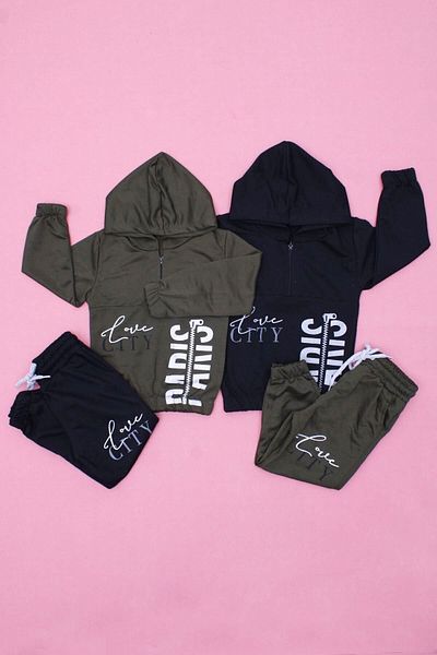 FYK KİDS Love City Printed, Zippered, Hooded 2-Piece Girls Tracksuit Set