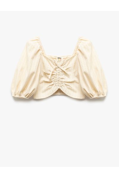 Koton Cotton Balloon Sleeve Crop Blouse with Drawstring Detail