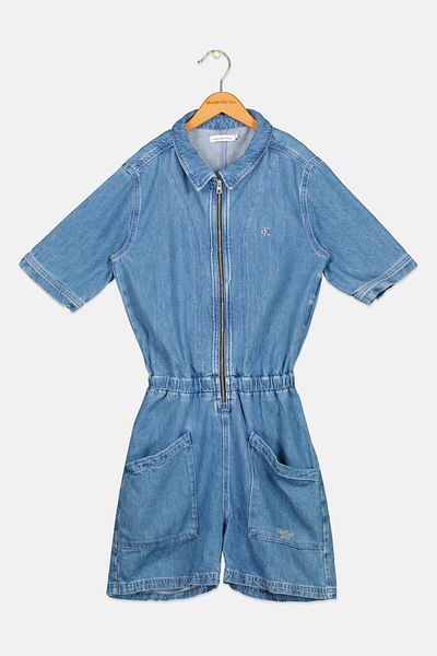 Calvin Klein Kids Girl Short Sleeve Washed Playsuit, Blue