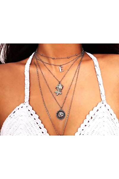 Pelin Aksesuar 5 Katlı Zincirli Gül Ve E Harfli Kolye