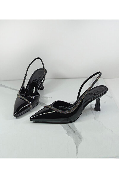 Everest Kadın Siyah Rugan Stiletto Arkası Açık Taşlı Topuklu Ayakkabı
