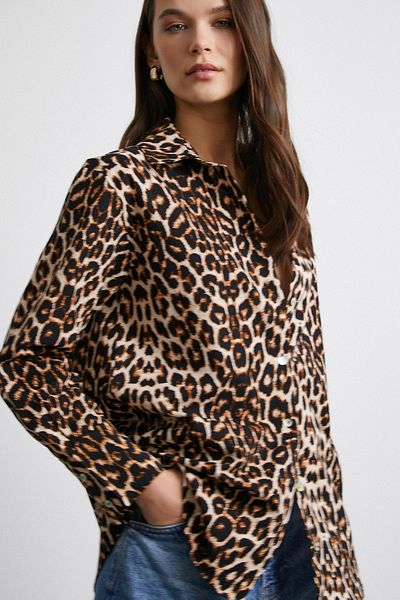 Never more Beige Leopard Print Poplin Shirt