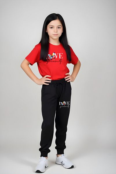FYK KİDS Girl's Printed Love Your Self Waist Detail Elastic Bottom and Top Set