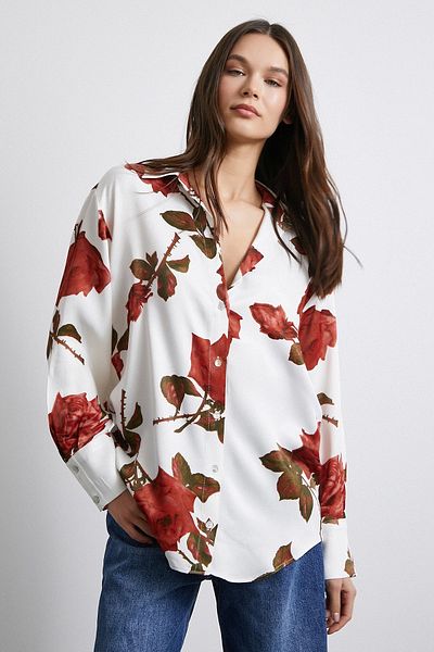 Never more White Satin Shirt - Rose Printed