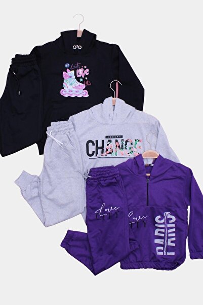 FYK KİDS CHILDREN'S PRINTED HOODED 3-PIECE TRACKSUIT SET