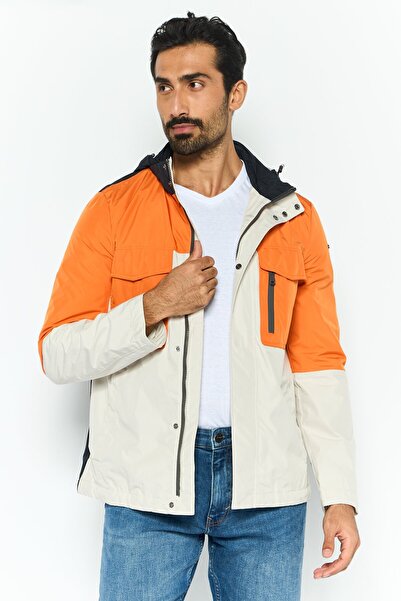 Geox Men Hooded Neck Long Sleeve Solid Windbreaker Jacket, Orange
