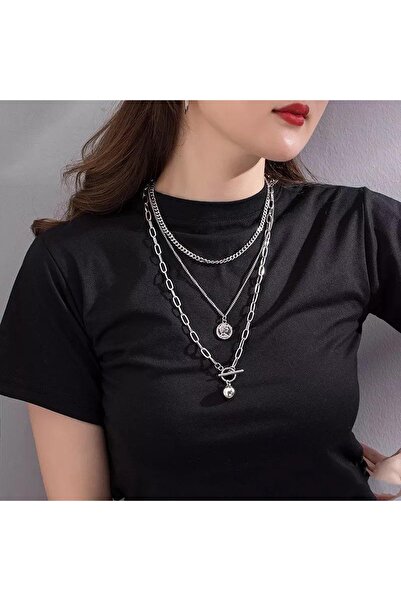Pelin Aksesuar Silver Renk 3lü Zincir Kolye