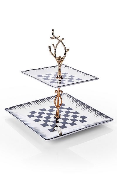 Piatti Naturali Double Layer Ceramic Checkerboard Pattern Cookie Dish Snack Two Layer Presentation Plate Serving Set Catering