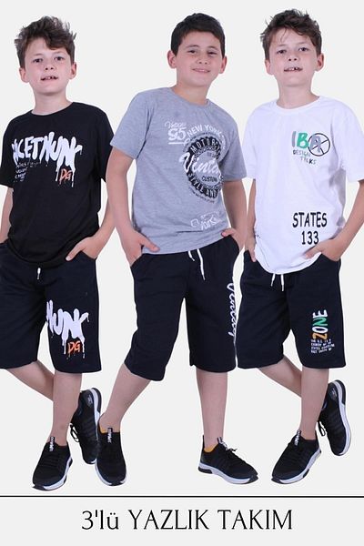 FYK KİDS Costum de vară pentru băiat Nuk Dg-zoone-vintage din 3 piese, cu detalii cu litere